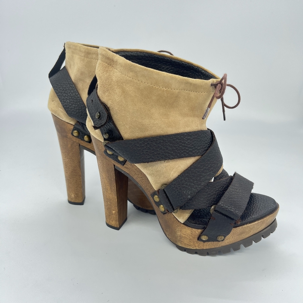 Zara Tan & Black High-Heel Leather & Wood Gladiator Sandals